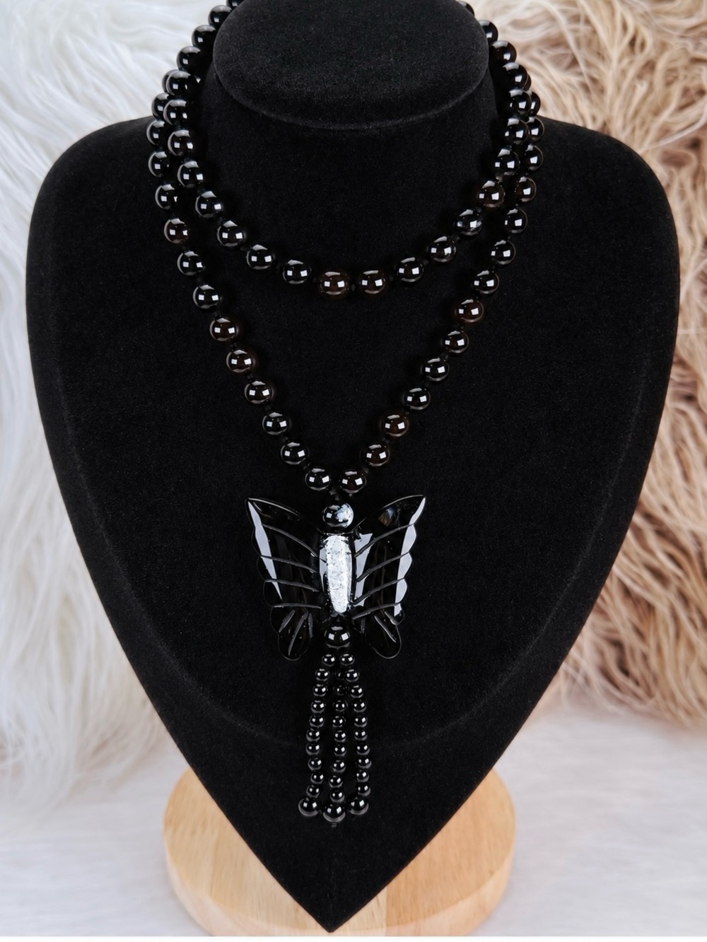 Vintage 1970s Endless Black Bead Butterfly Tassel Statement Necklace